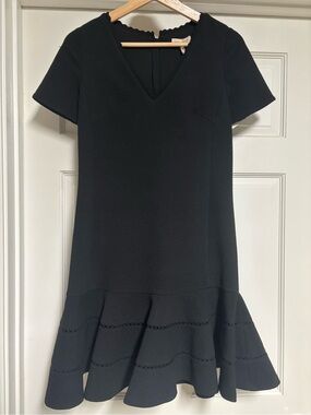 Rebecca Taylor Black Textured V-Neck Mini Dress with Flounce Hem Rebecca Taylor